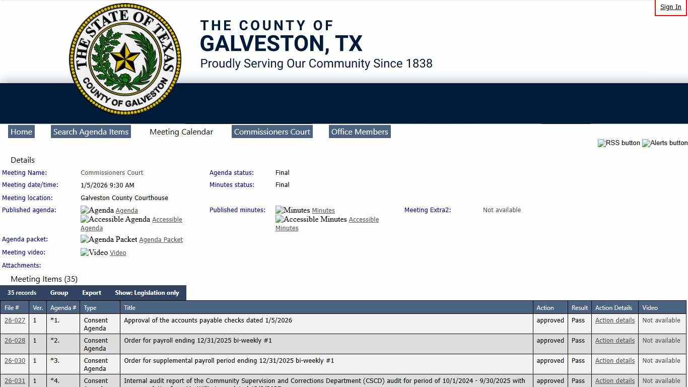 GALVESTON COUNTY, TEXAS - Meeting of Commissioners Court on 1/5/2026 at 9:30 AM
