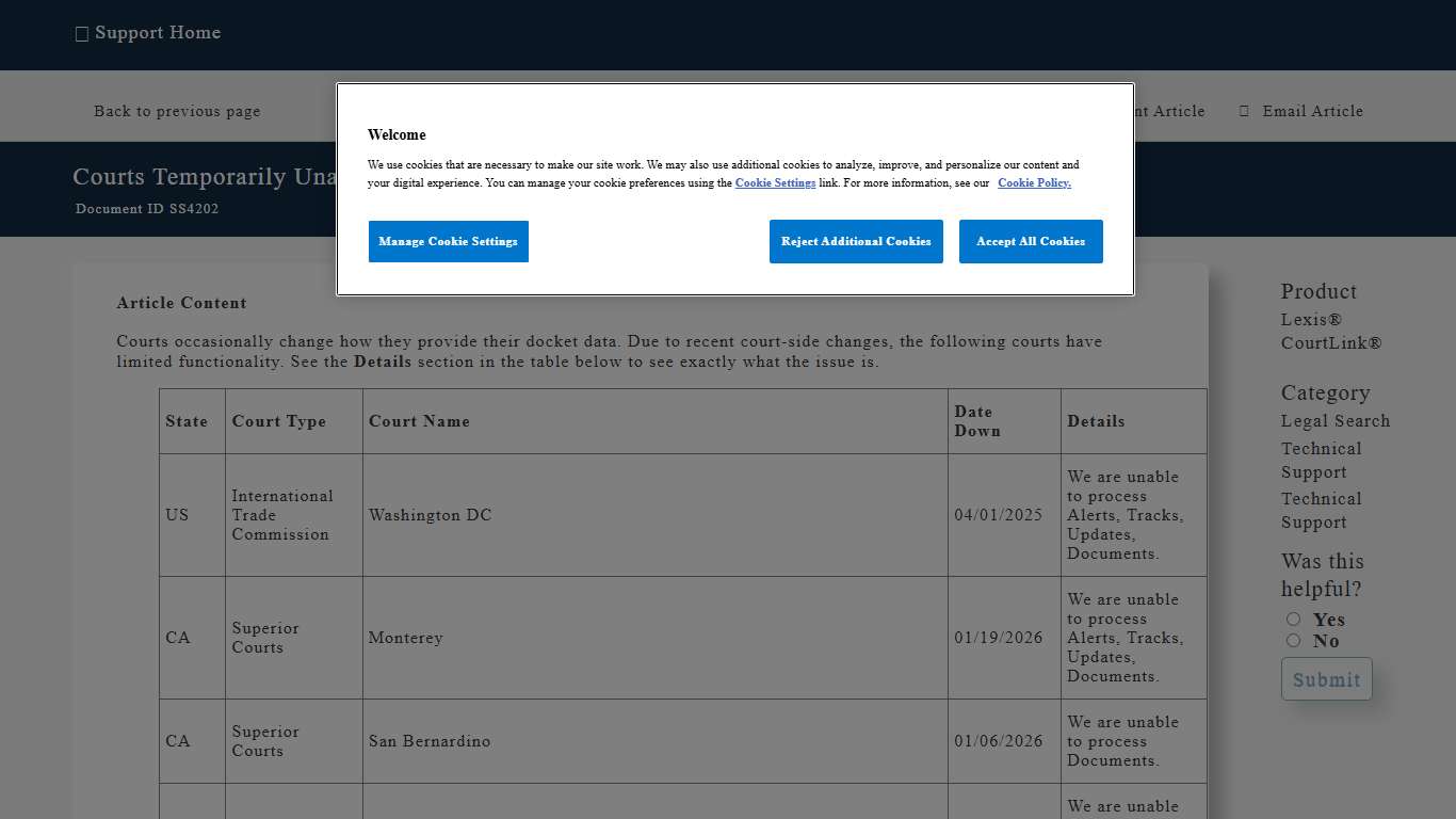 Courts Temporarily Unavailable on CourtLink